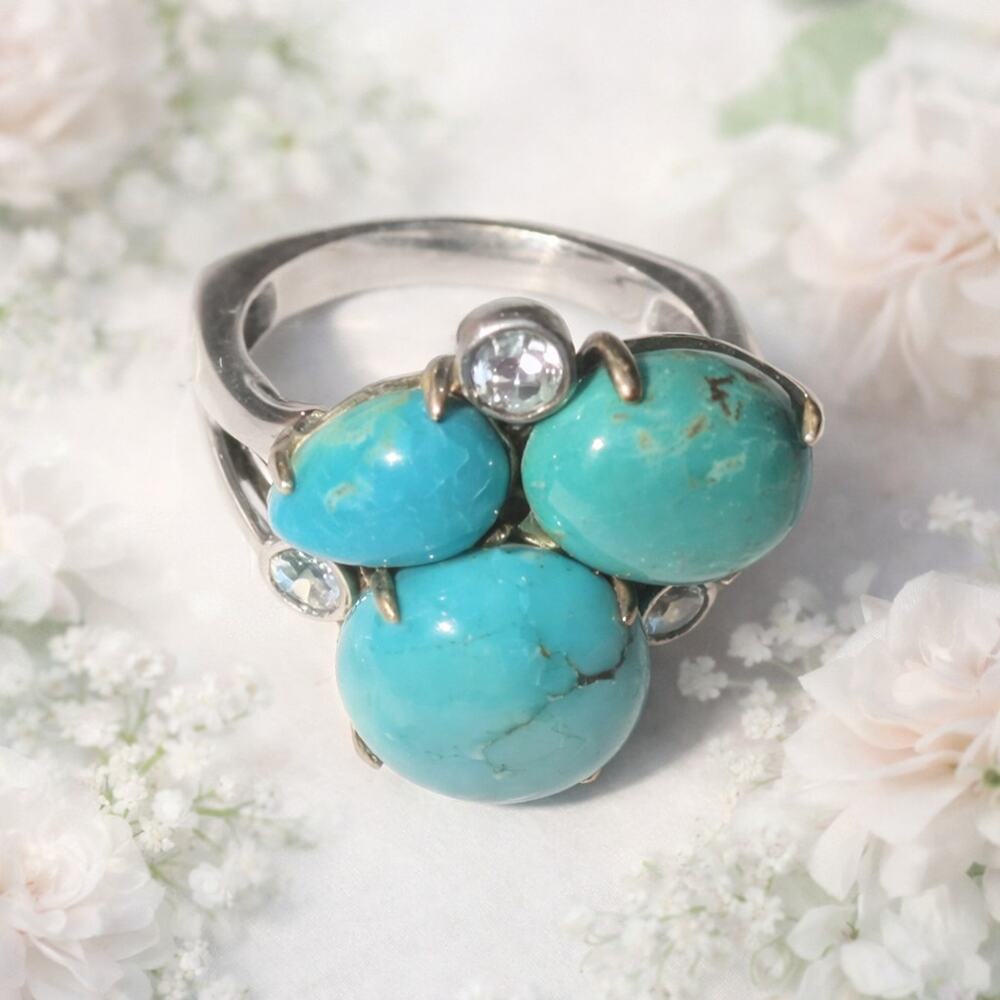 925 STERLING SILVER TURQUOISE RING UNIQUE 3 STONE DESIGN Size 10